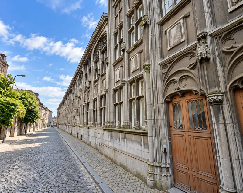 Rue pavée le long de la façade néo-gothique du palais de justice de Liège